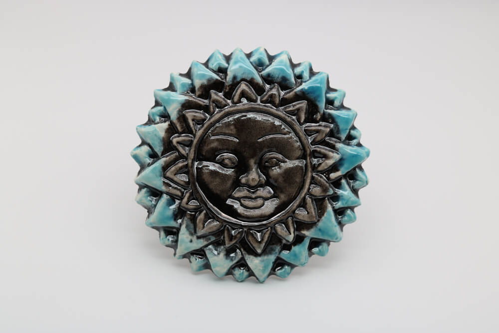 Blue Black Handmade Ceramic Eclipse Sun Face from Provence – Cera d'Art French Artisan Garden Decor