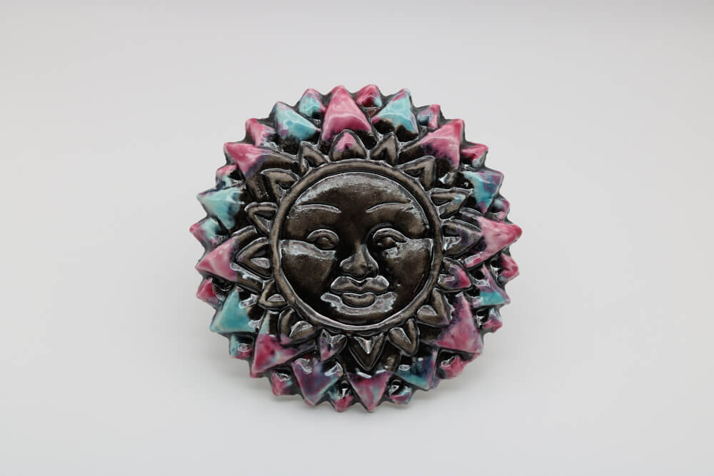Blue Pink Handmade Ceramic Eclipse Sun Face from Provence – Cera d'Art French Artisan Garden Decor