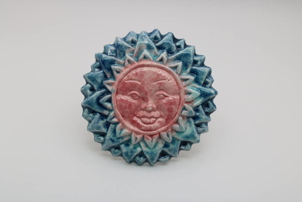 Blue Pink Handmade Ceramic Sun Face from Provence – Cera d'Art French Artisan Garden Decor