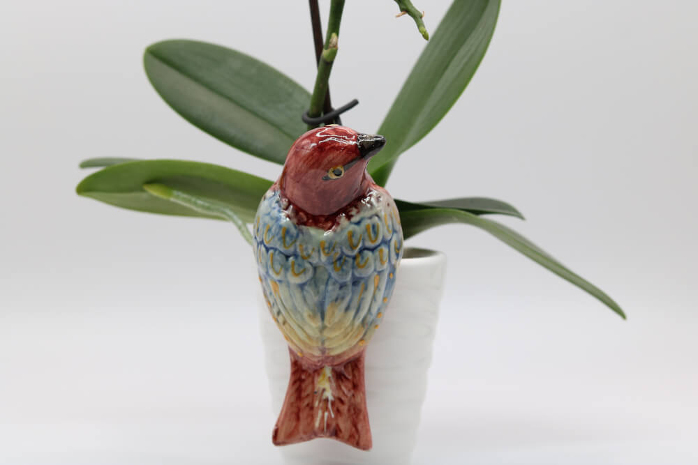 Gryffindor Gold Burgundy Handmade Ceramic Sparrow Bird Pot Hangers from Provence - Cera d'Art Garden Decor - Plant Hugger