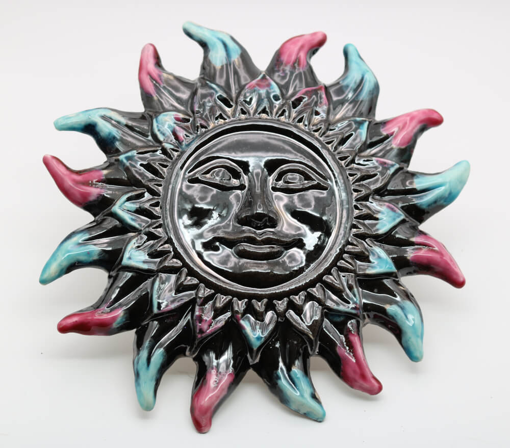 Decorative French Artisan Black Pink Blue Eclipse Ceramic Sun Face from Provence by Cera d'Art