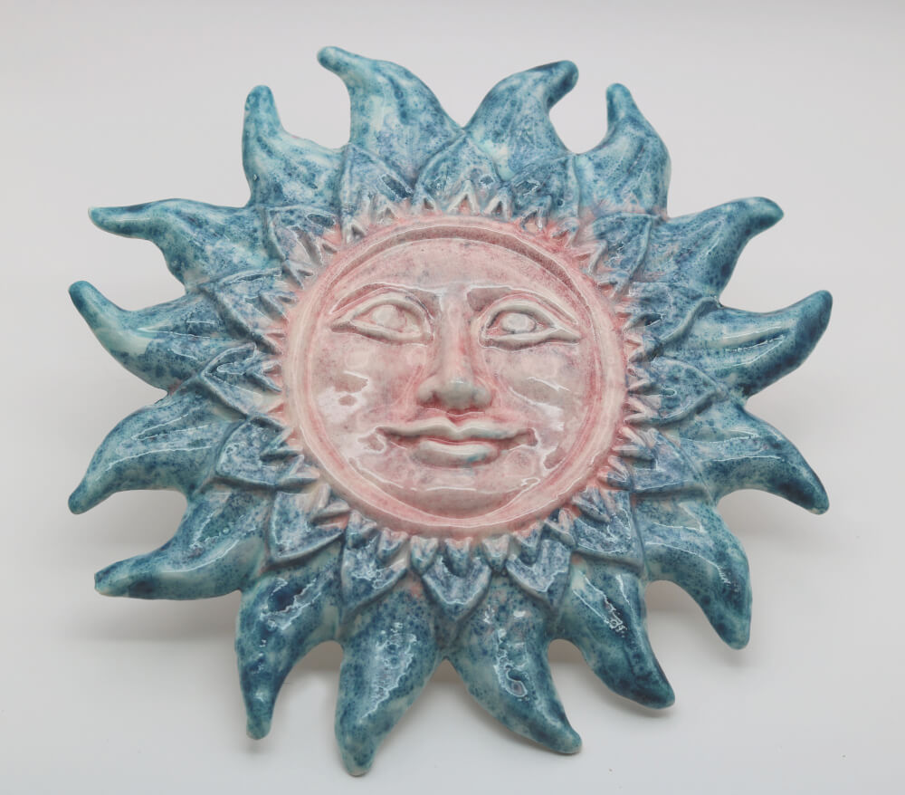 Decorative French Artisan Pink Blue Ceramic Sun Face from Provence by Cera d'Art