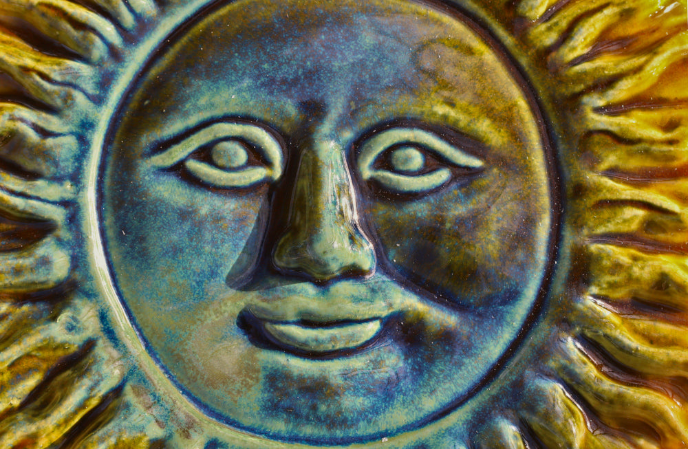 Decorative French Artisan Yellow Blue Ceramic Sun Face from Provence by Cera d'Art