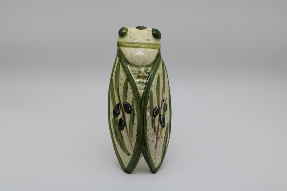 Decorative French Green Handmade Ceramic Cicada Pocket Vase with Olives from Provence by Cera d'Art