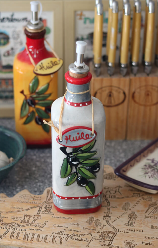 Hand Painted French Red and White Olive Oil Dispenser from Provence by the Artisans of Terres et Couleurs