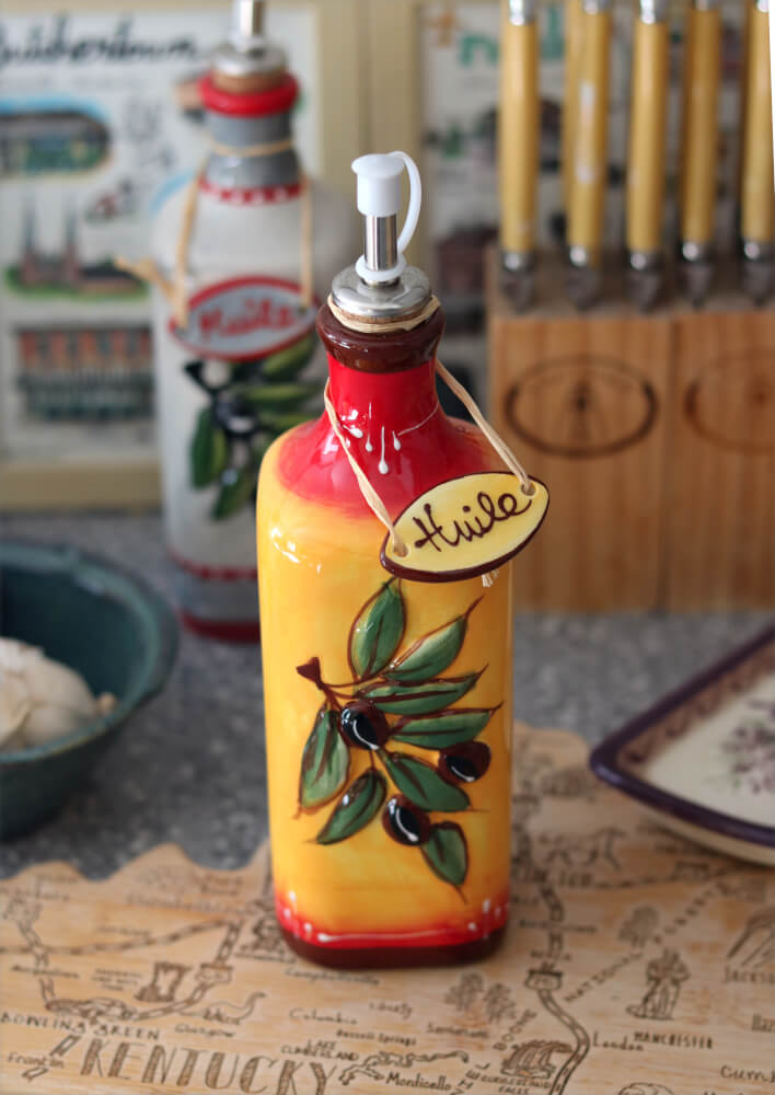 Hand Painted French Red and Yellow Olive Oil Dispenser from Provence by the Artisans of Terres et Couleurs