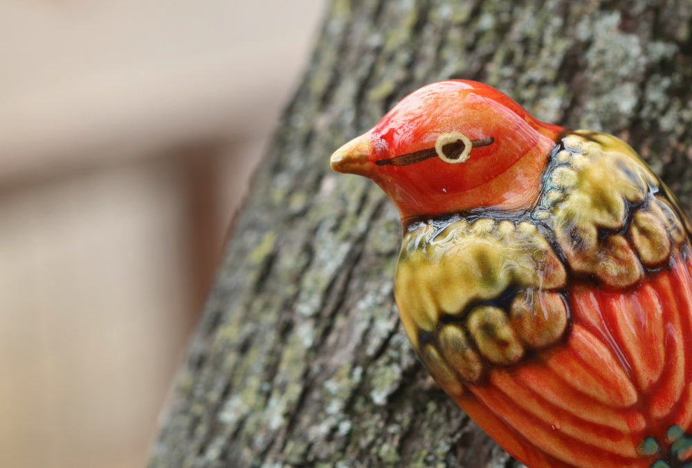 Red Yellow Handmade Ceramic Sparrow Bird Pot Hangers from Provence - Cera d'Art Garden Decor - Plant Hugger