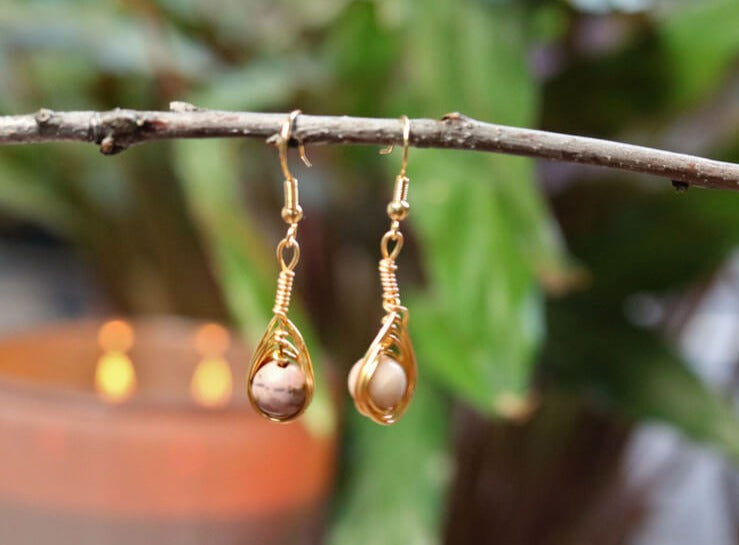 Boucles d'Or de Rhodonite Earrings 14k Gold Plated