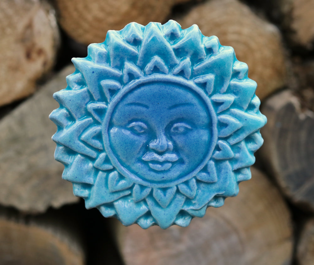 Turquoise Blue Handmade Ceramic Sun Face from Provence – Cera d'Art French Artisan Garden Decor