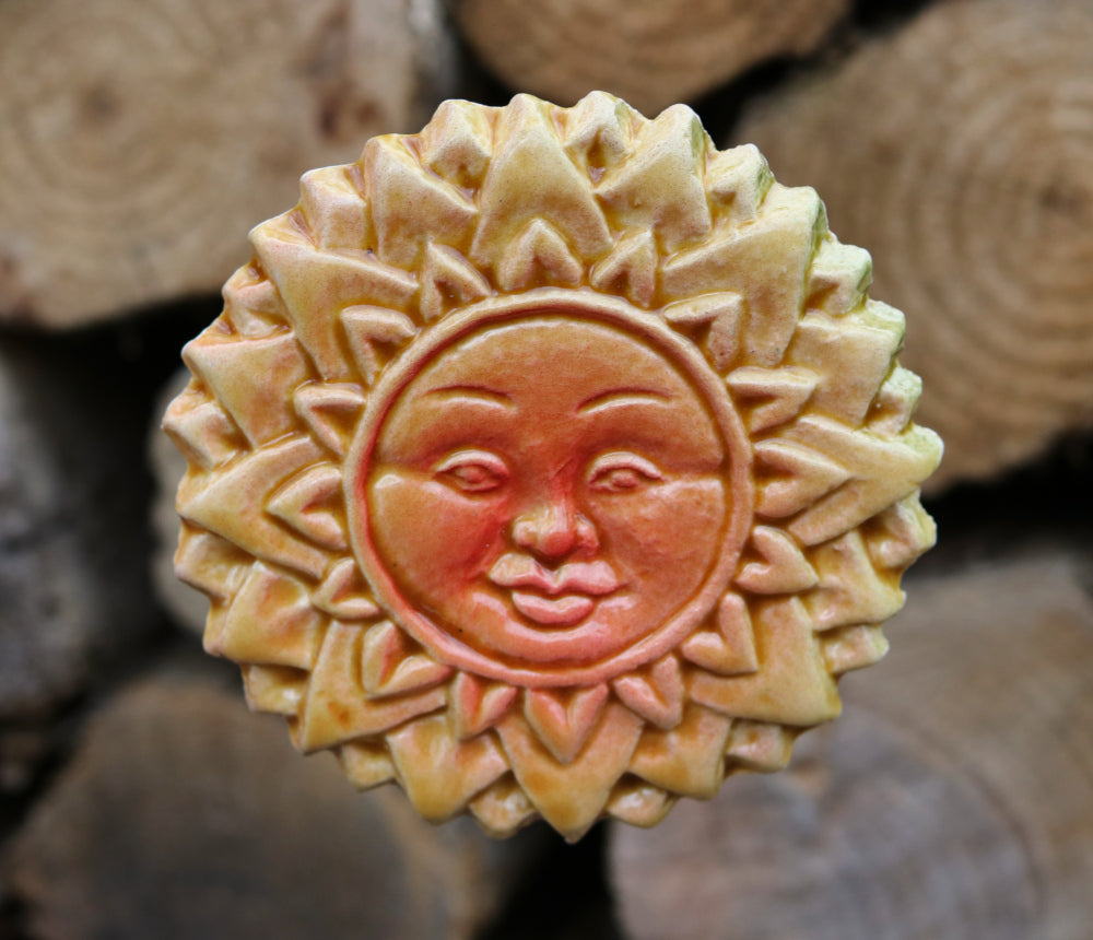 Yellow Orange Handmade Ceramic Sun Face from Provence – Cera d'Art French Artisan Garden Decor