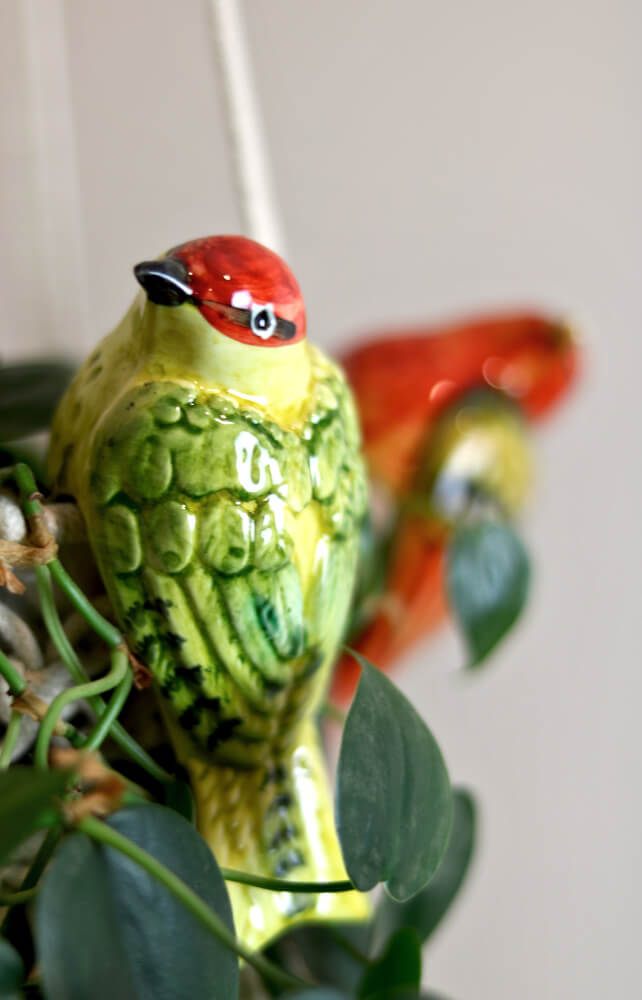 Yellow Red Handmade Ceramic Sparrow Bird Pot Hangers from Provence - Cera d'Art Garden Decor - Plant Hugger