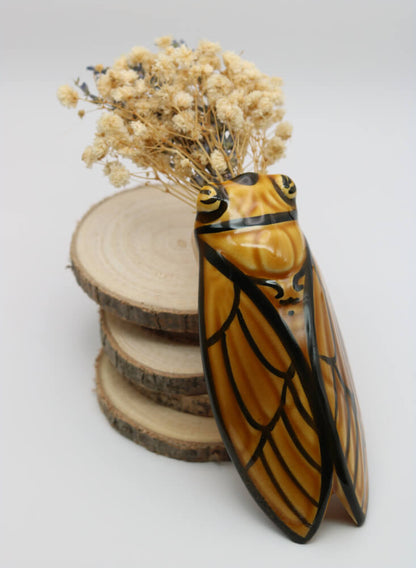 Decorative French Classic Yellow and Black Handmade Ceramic Cicada Pocket Vase from Provence by Cera d'Art