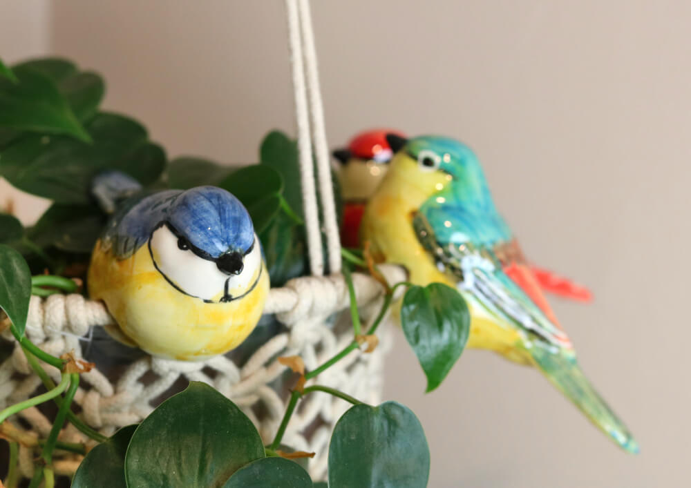 French Artisan Made Chickadee Bird Plant Pot Hangers and Huggers from Provence by Cera d'Art - French Garden Decor