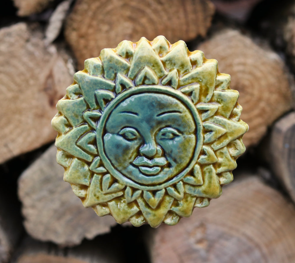 Honey Green Yellow Handmade Ceramic Sun Face from Provence – Cera d'Art French Artisan Garden Decor