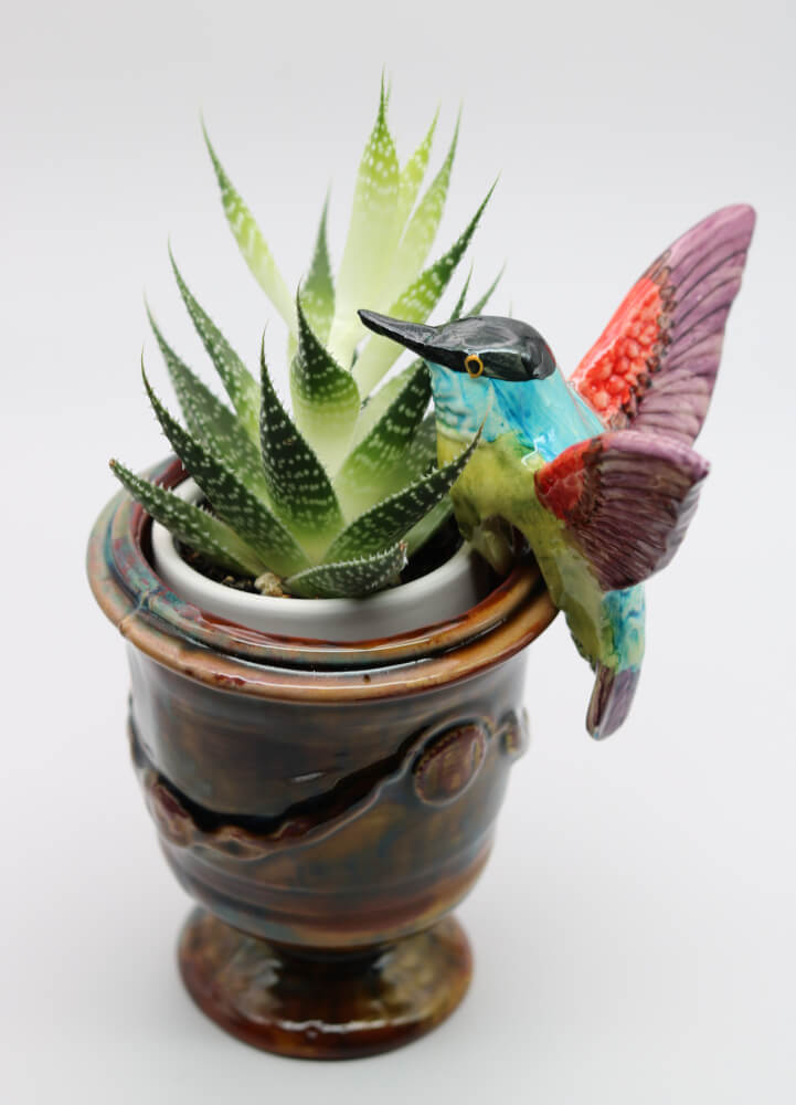 Handmade Ceramic Hummingbird Plant Hanger from Provence - Cera d'Art Garden Decor Pot Hugger
